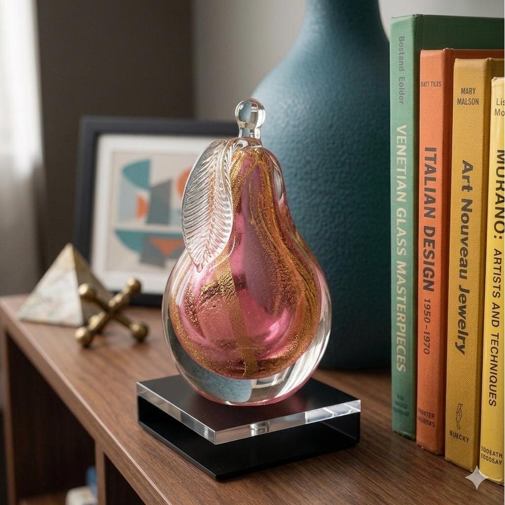 8" Murano Glass Pear‎ Alfredo Barbini Sommerso Pink 24K Gold Aventurine MCM